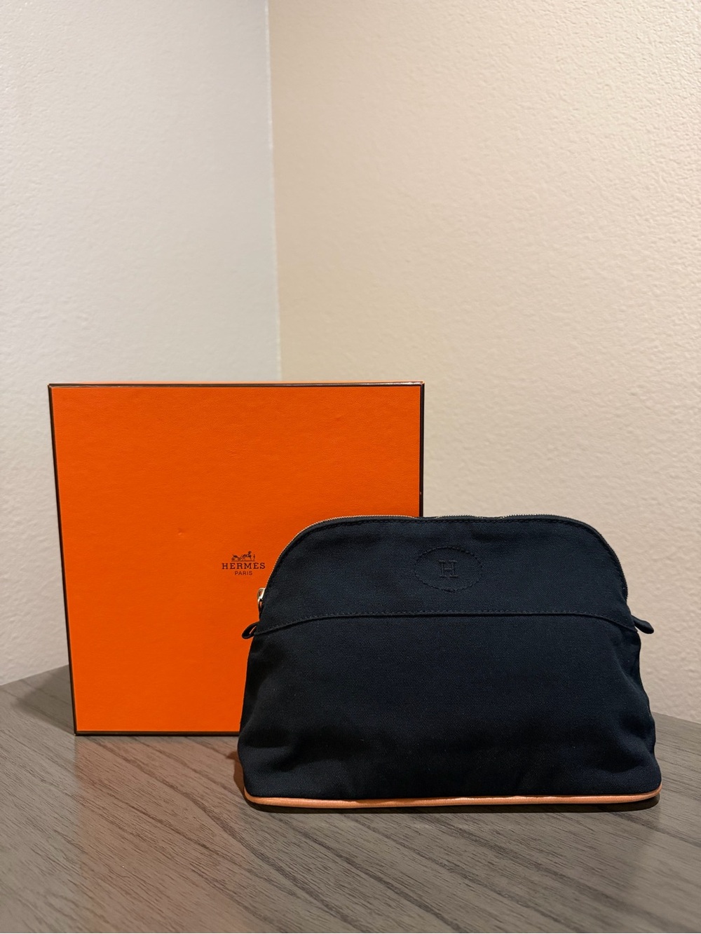 Hermès Navy Blue Canvas Zip Pouch / Toiletry / Make-up Bag